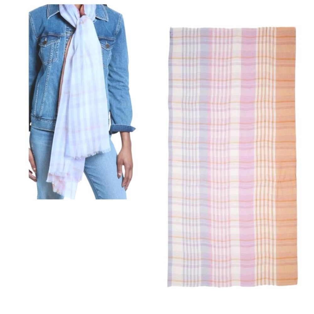 Nordstrom Luxe Modal Silk Blend Plaid Scarf Eyelash Fringe 42" x 80" Great Gift